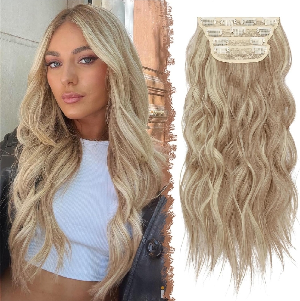Clip in Hair Extensions 4PCS Thick Highlight Hairpieces Long Wavy blonde 20 inch